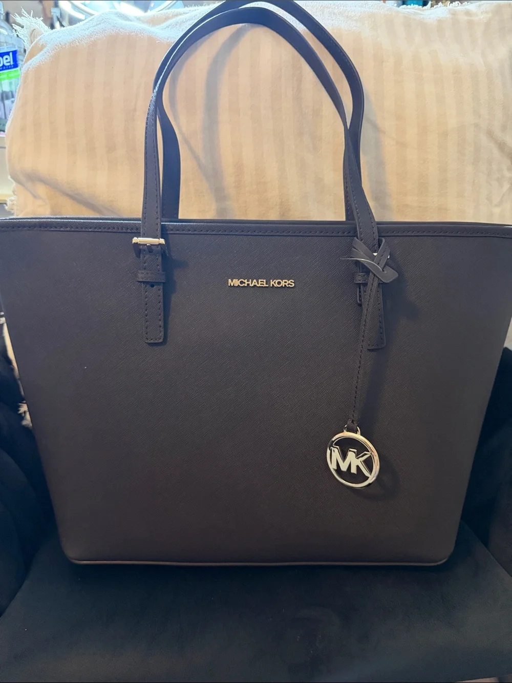 Michael Kors Dark Brown Saffiano Leather Tote with MK Charm